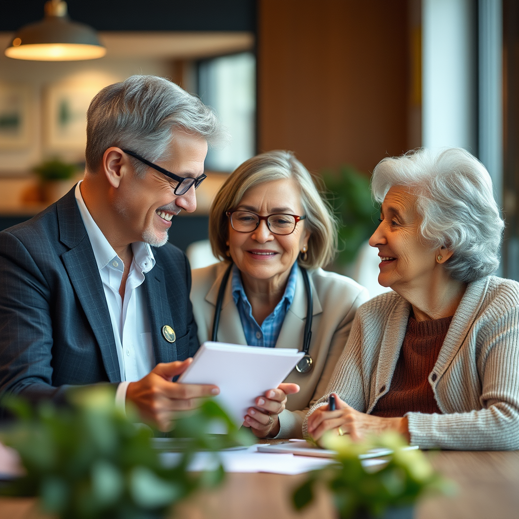 friendly and professional Medicare insurance concept, featuring caring advisors and senior citizens, modern, trustworthy